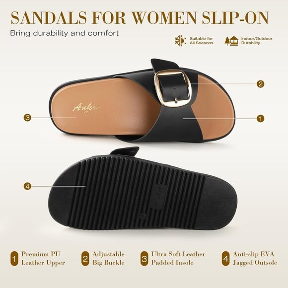 Women Flat Sandals Leather Wide Width Slip-On Comfortable Dressy Summer - Picture 8 of 8